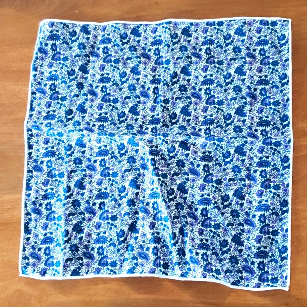 Cotton floral pocket square. 11.5x11.5 colors (blue, lavender, off white)